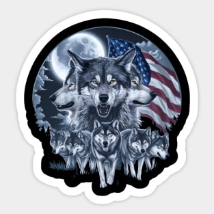 Wolves Under Moon Howling Wolf 4th of July American Flag Sticker